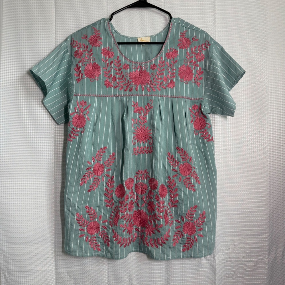 Layers Clothing Blouse Rayon Blend Floral Embroidered Stripe Boho Peasant‎ Top M